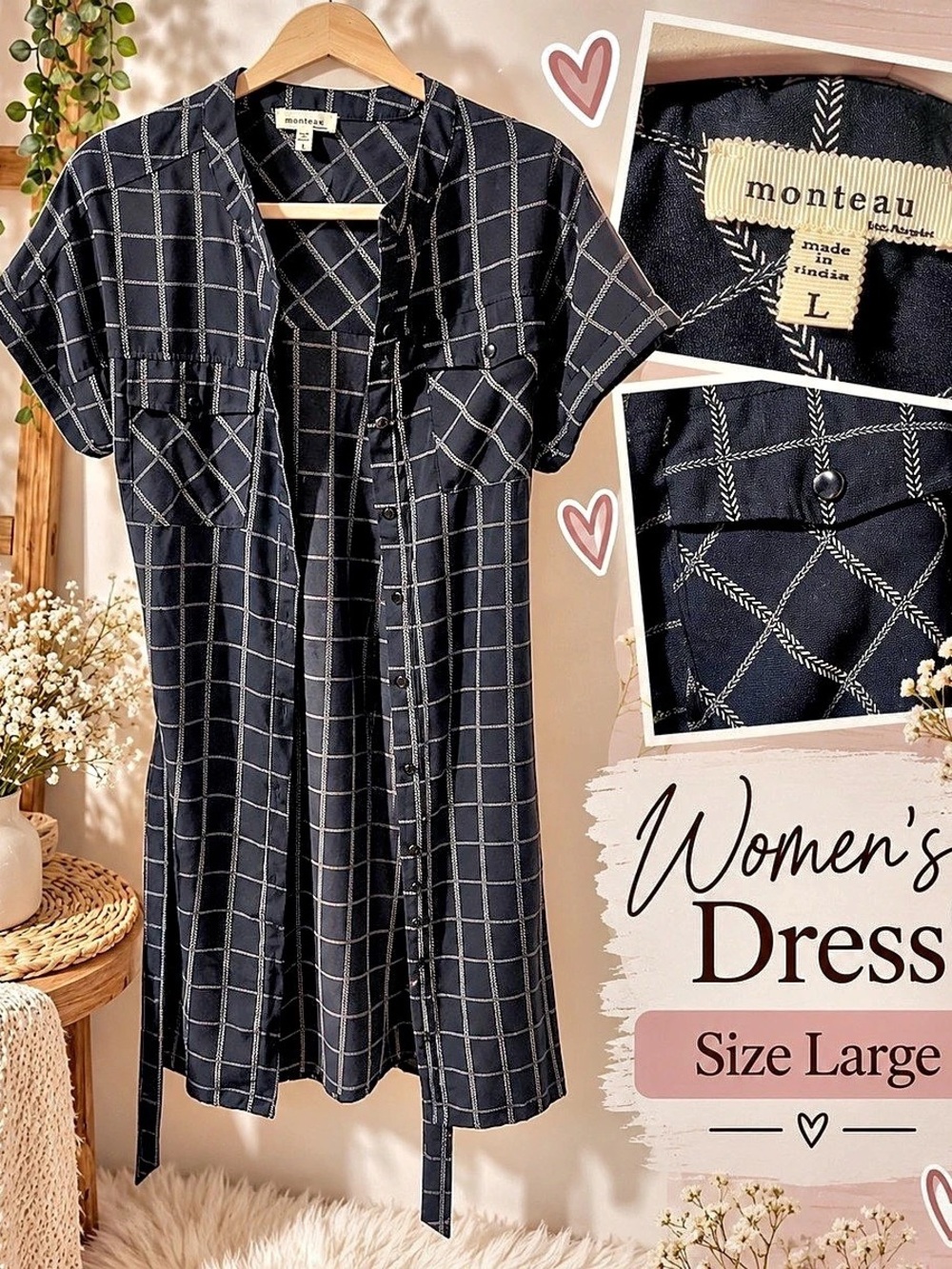monteau Women's Plaid Midi Dress Size Large Like New